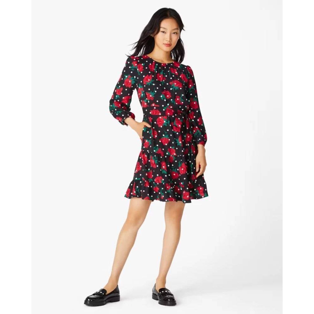 Kate Spade Black Polka Dot Floral Mini Shift Dress Large Luxury Designer Summer